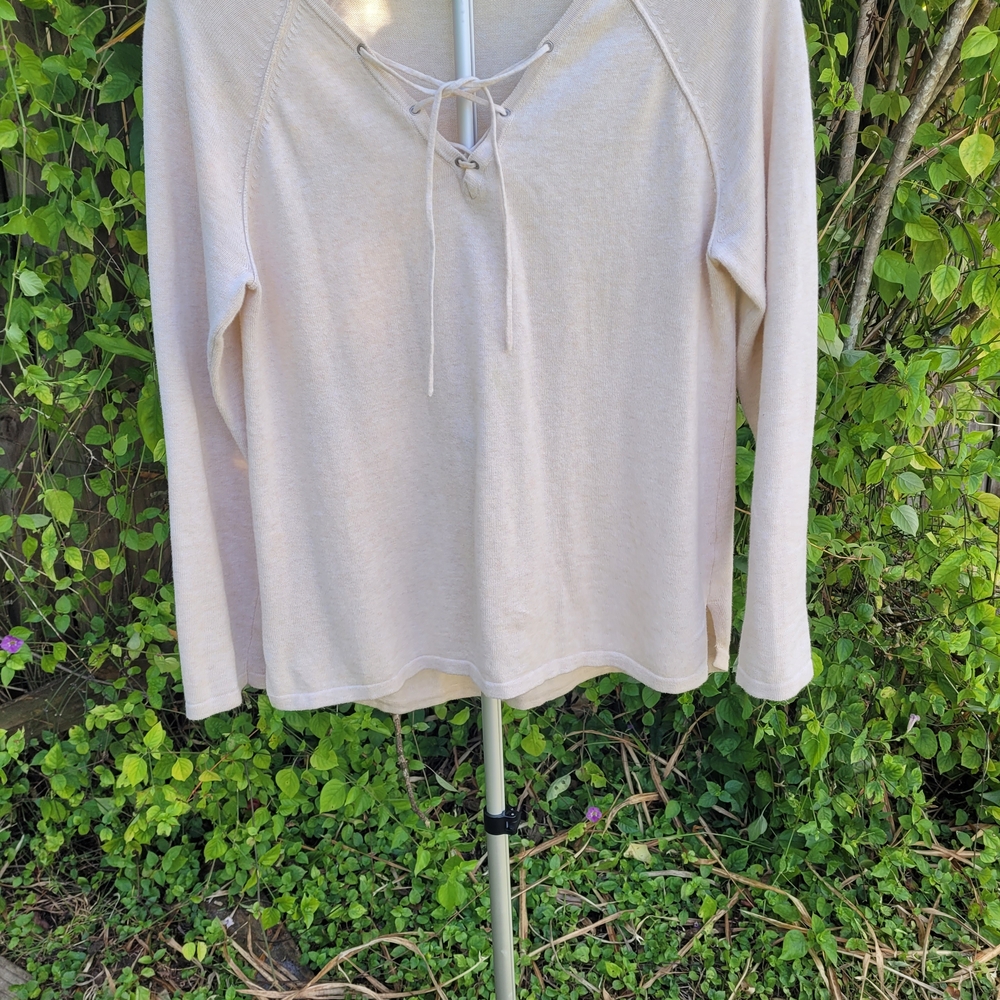 Jeanne Pierre 100% Cotton Ivory Woman's Size M Sweater Lace up Neck Cottagecore